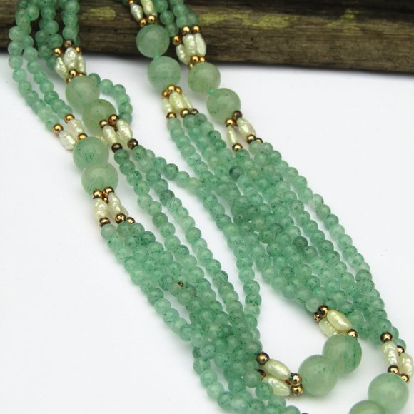 Green Aventurine Beaded Necklace with Pearls 30" - Picture 4 of 5